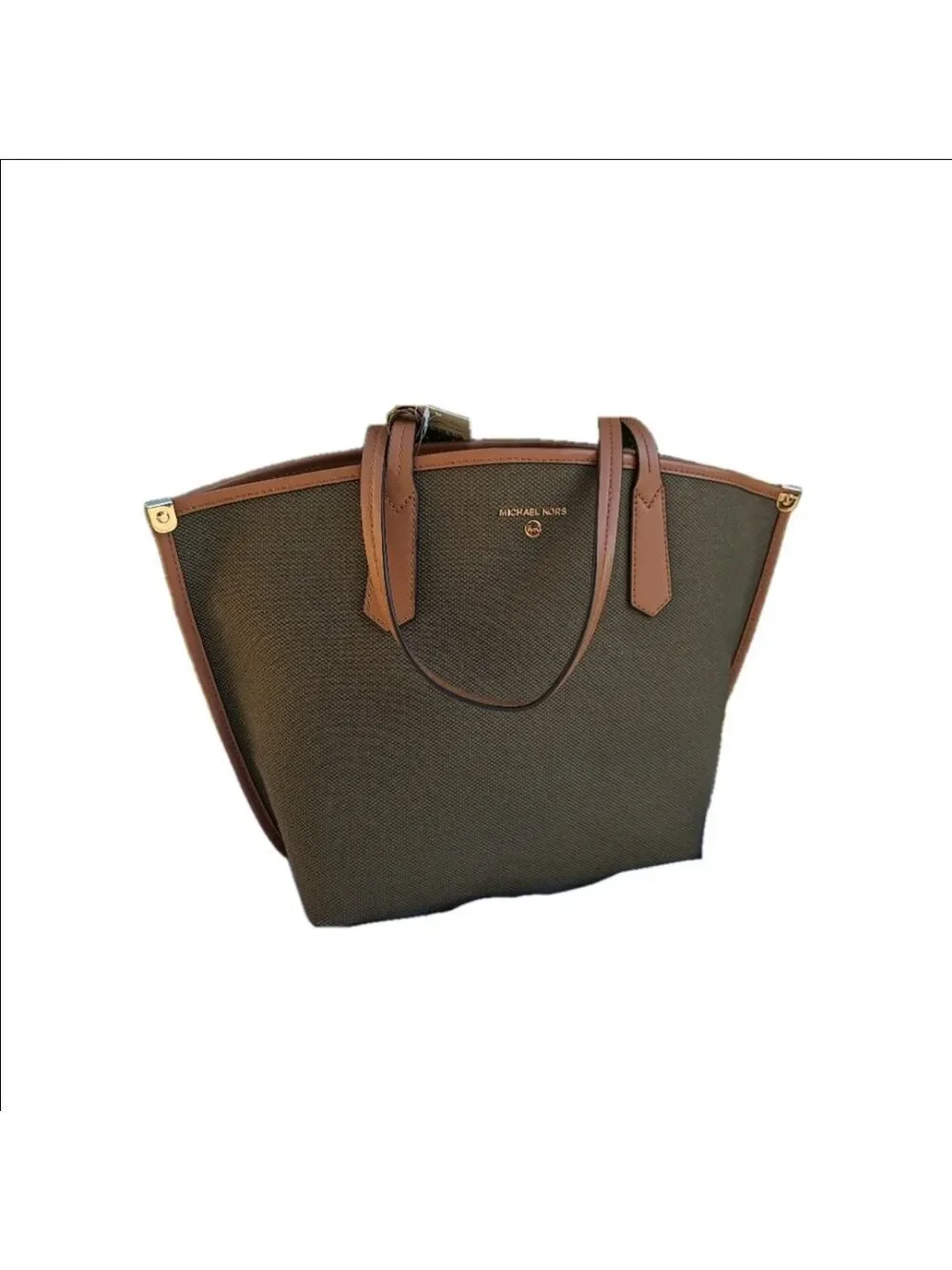 Michael Kors Emilia Large Tote Bag Olive Canvas Brown Leather Trim Gold Hardware